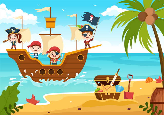 Pirate on ship in sea  Illustration