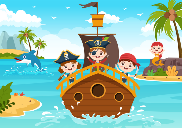 Pirate on ship in sea  Illustration