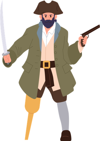 Pirate raising sable and handgun weapon ready to attack  Illustration