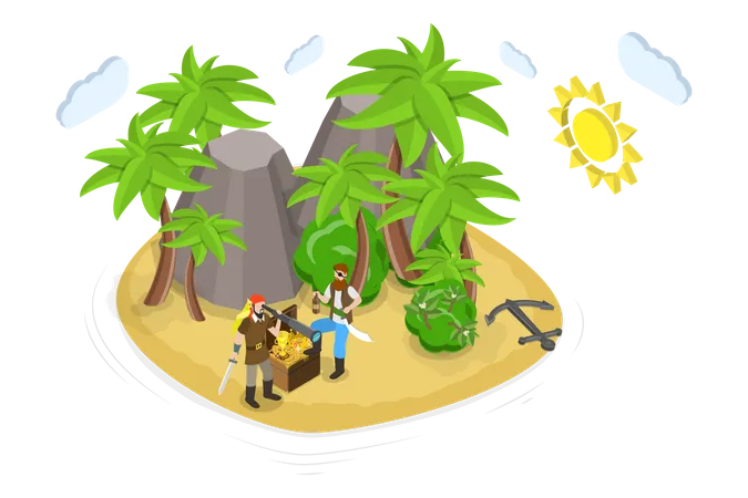 3 D Isometric Flat Vector Conceptual Illustration Of Pirate Treasure Island Tropical Beach With Palm Trees Illustration