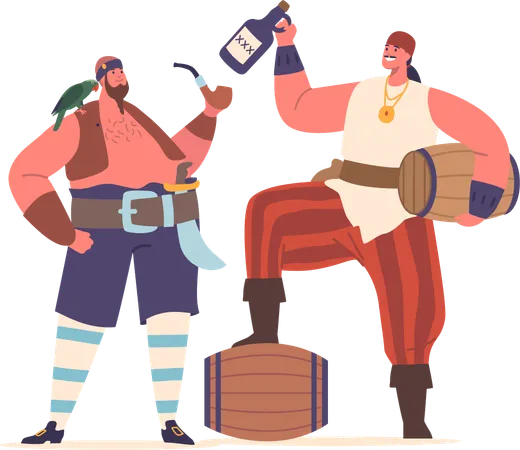 Pirates Male Character Clutching A Rum Barrel Emanate A Rugged Aura Wisps Of Smoke Curl From A Pipe Adding An Air Of Mystery To Their Seafaring Adventures Cartoon People Vector Illustration Illustration