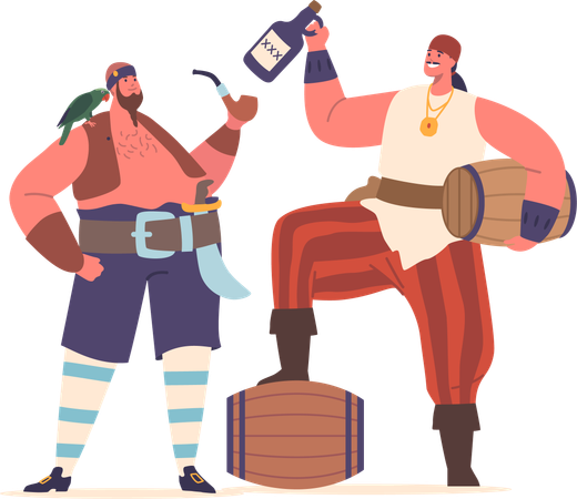 Personnage masculin des pirates serrant un baril de rhum  Illustration