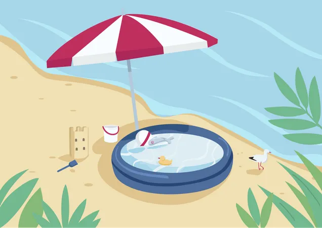 Piscina inflable y sombrilla en la playa de arena.  Ilustración