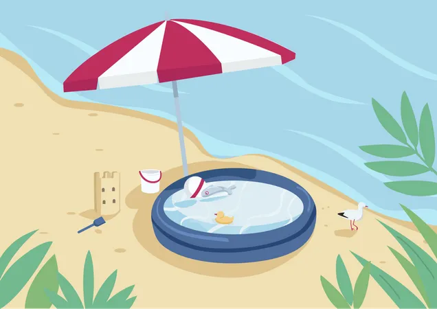 Piscina inflável e guarda-sol na praia de areia  Ilustração