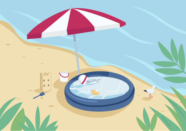 Piscine gonflable et parasol sur la plage de sable  Illustration