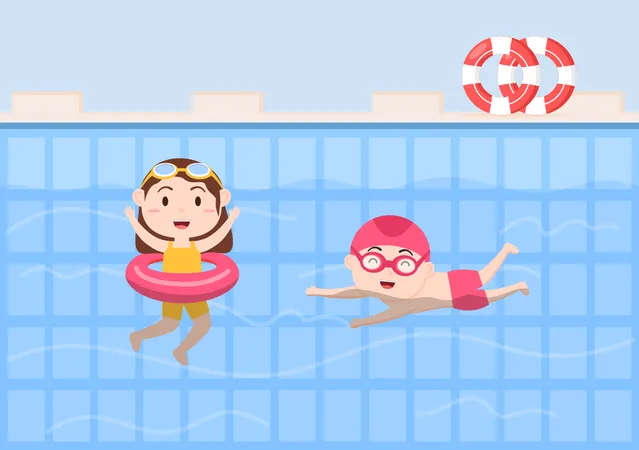 Les enfants nagent dans la piscine  Illustration