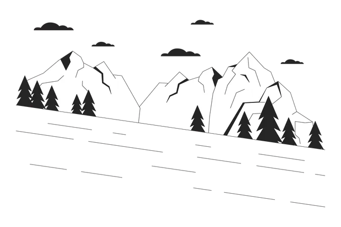 Pista de esquí junto al bosque de montaña  Ilustración