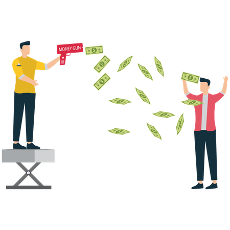 Pistola de dinero que lanza dinero a un inversor feliz  Ilustración