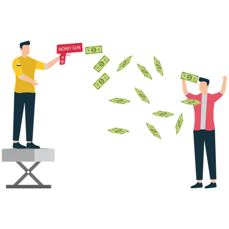 Pistola de dinero que lanza dinero a un inversor feliz  Ilustración