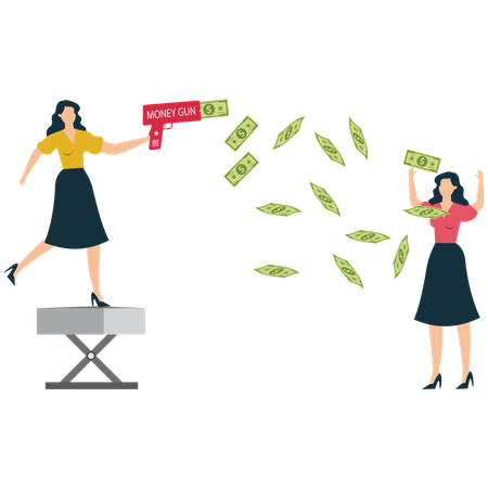 Pistola de dinero que lanza dinero a un inversor feliz  Ilustración