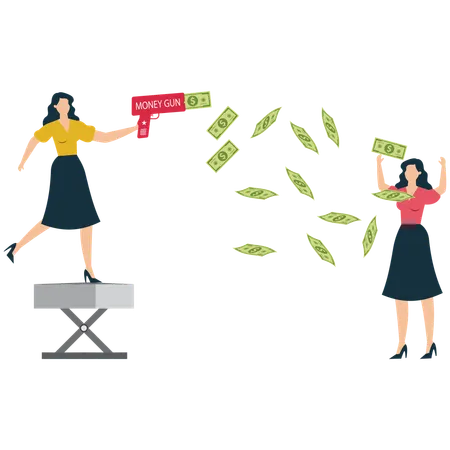 Pistola de dinero que lanza dinero a un inversor feliz  Ilustración