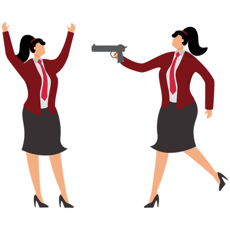 Pistolet dans le dos d'une femme d'affaires les mains levées  Illustration