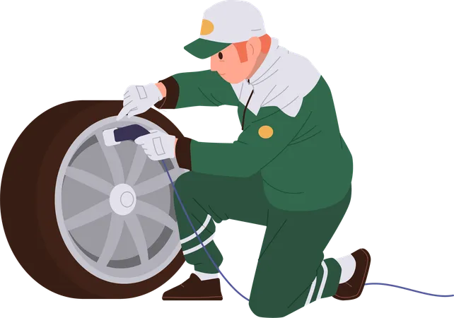Pit Stop Technician Cartoon Character Holding Spare Part Engaged In Sport Formula Racing Car Wheel Replacement Vector Illustration Isolated On White Background Professional Engineering Service Illustration