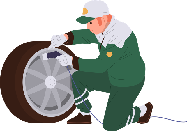 Pit stop technician engaged in sport formula racing car wheel replacement  Illustration