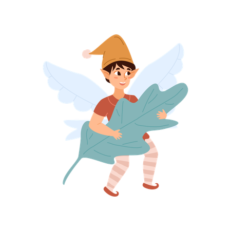 Pixie boy flies on wings and holds leaf  Illustration