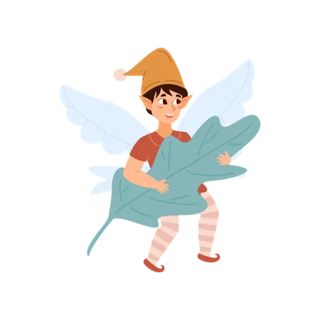 Pixie boy flies on wings and holds leaf  Illustration