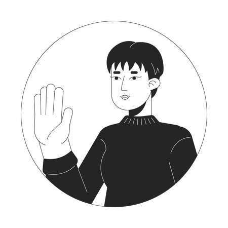 Pixie cut korean woman waving hand  Illustration