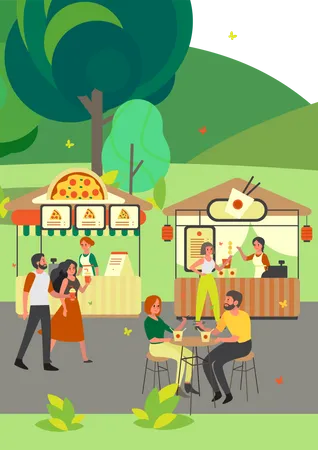 Pizza and coffee stall in park  Illustration