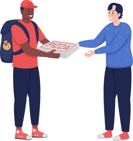 Courier Giving Pizza To Buyer Semi Flat Color Vector Characters Interacting Figures Full Body People On White Fast Food Isolated Modern Cartoon Style Illustration For Graphic Design And Animation Illustration