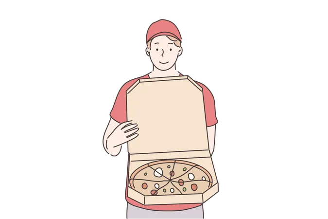 Pizza Online Order Home Food Delivery Concept Young Happy Smiling Man Boy Courier Cartoon Character Standing With Pizza Cutting On Slices Fast Supply Service Ordering Takeout Or Food At Home Illustration