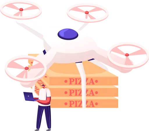 Young Man Character Holding Telecontrol Pad For Navigating Flying Drone With Remote Control Delivering Pizza Boxes To Customers Quadcopter Food Delivery Air Shipping Cartoon Vector Illustration Illustration