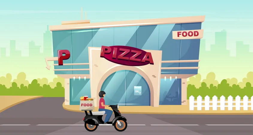 Pizza Place On Street Flat Color Vector Illustration Fast Food Delivery On Motorbike Cafe Exterior By Sidewalk Modern 2 D Cartoon Cityscape With Glass Urban Building On Background Illustration
