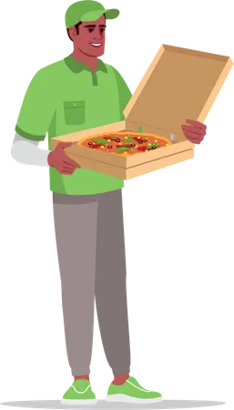 Pizzeria Delivery Semi Flat RGB Color Vector Illustration Fast Food Home Delivery Pizza Shipping Service Worker Male African Courier Isolated Cartoon Character On White Background Illustration