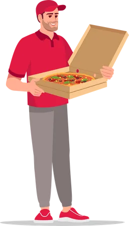 Italian Food Delivery Semi Flat RGB Color Vector Illustration Delivery Man With Open Pizza Box Caucasian Male Courier In Red Uniform Isolated Cartoon Character On White Background Illustration