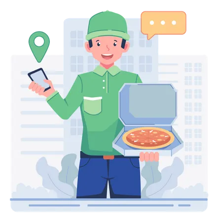 Pizza delivery man delivering fresh pizza  Illustration