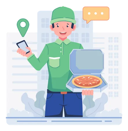 Pizza delivery man delivering fresh pizza Illustration