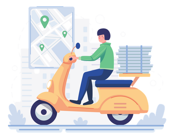 Pizza delivery man delivering pizza using scooter Illustration