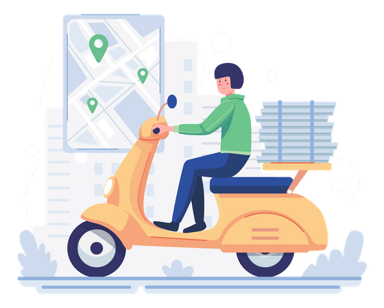 Pizza delivery man delivering pizza using scooter  Illustration