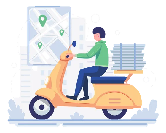 Pizza delivery man delivering pizza using scooter  Illustration