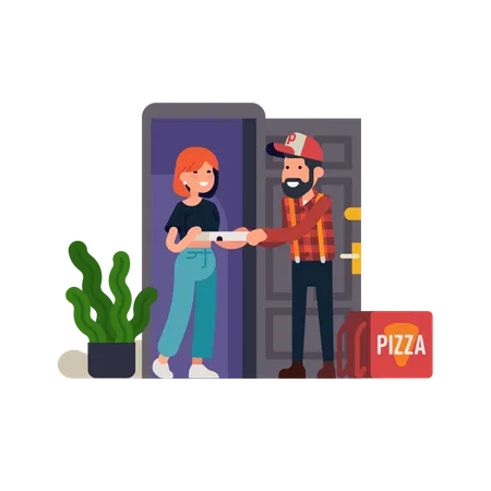 Pizza delivery man handing out a box of pizza to a customer standing in front door Illustration