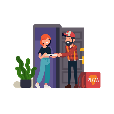 Pizza delivery man handing out a box of pizza to a customer standing in front door  Illustration