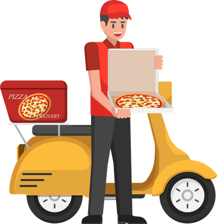 Pizza delivery man handling pizza Illustration