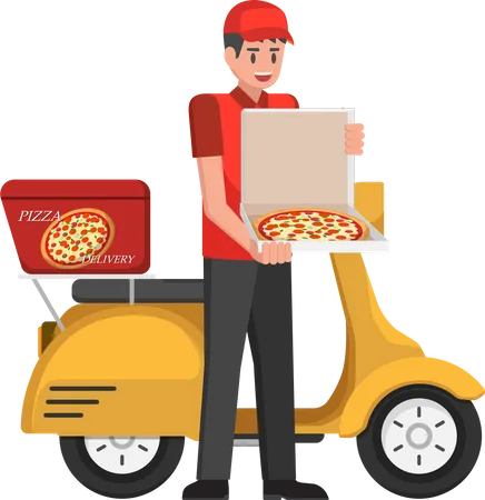 Delivery Man Handling Pizza Box To Customer By Scooter Illustration