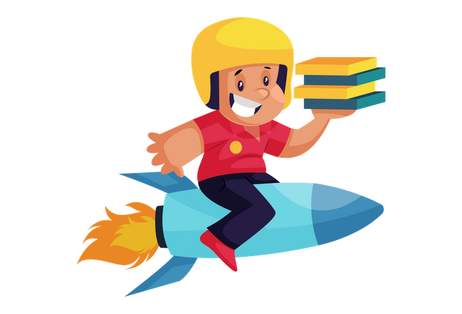 Pizza Delivery Man on rocket with pizza  Illustration