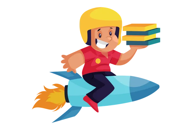 Pizza Delivery Man on rocket with pizza Illustration