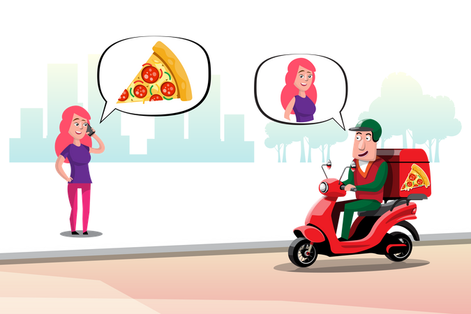 Pizza delivery to woman Illustration
