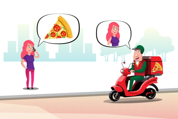 Pizza delivery to woman Illustration