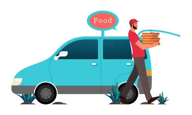 Courier With Box Person In Uniform Driving A Van Food Delivery From Food Service Courier Delivering An Order Isolated Vector Illustration Illustration
