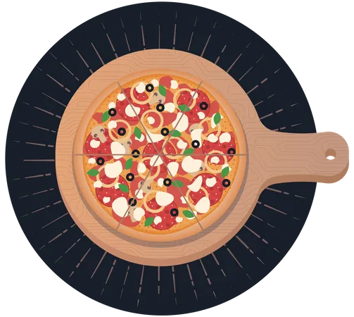Pizza en la tabla de cortar de madera  Ilustración