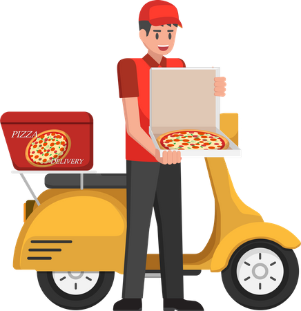 Entregador de pizza segurando pizza  Ilustração