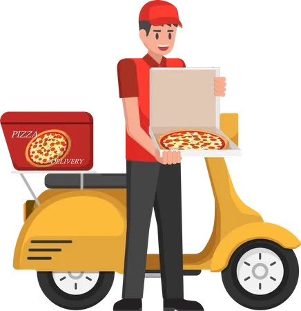 Entregador de pizza segurando pizza  Ilustração