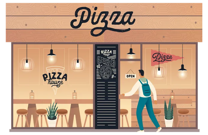 Pizza House Small Business Graphics Restaurant Facade Modern Flat Vector Concept Illustrations Man Entering Into A Pizzeria Shop Front Windows And Entrance Blackboard With Chalk Lettering Illustration