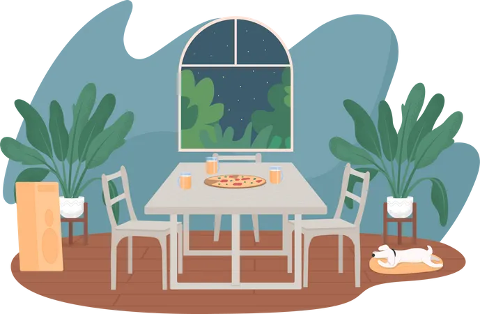 Home Interior With Pizza On Table 2 D Vector Web Banner Poster Weekend Night Recreation Indoors Flat Scene On Cartoon Background Lounge Area Printable Patch Colorful Web Element Illustration