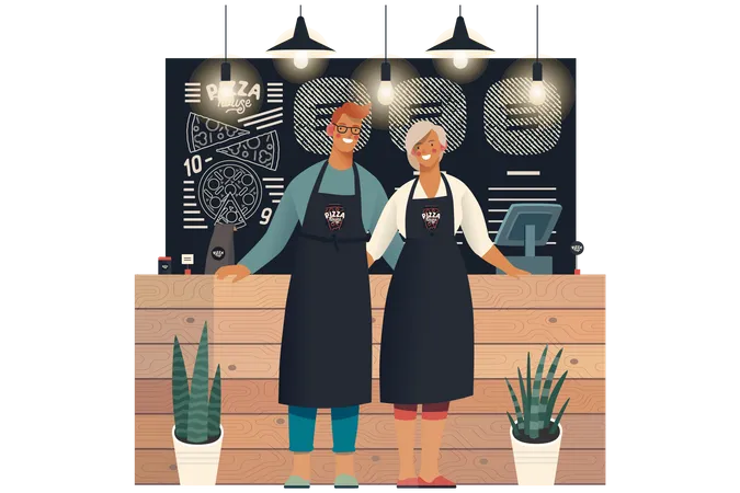 Pizza Shop owners Standing together  Illustration