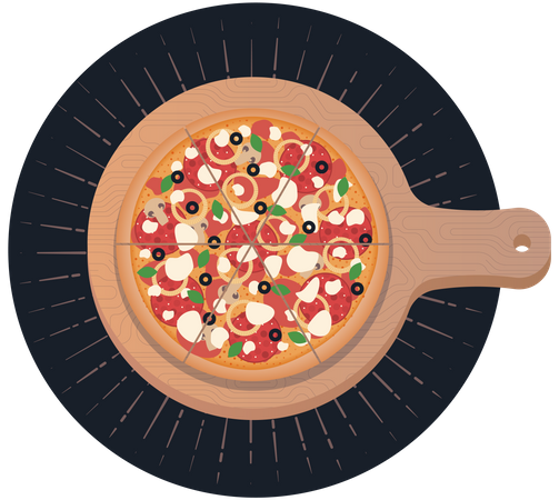 Pizza sur la planche à découper en bois  Illustration