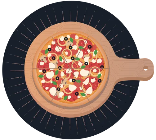 Pizza sur la planche à découper en bois  Illustration